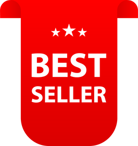 Best Seller red ribbon on white background.